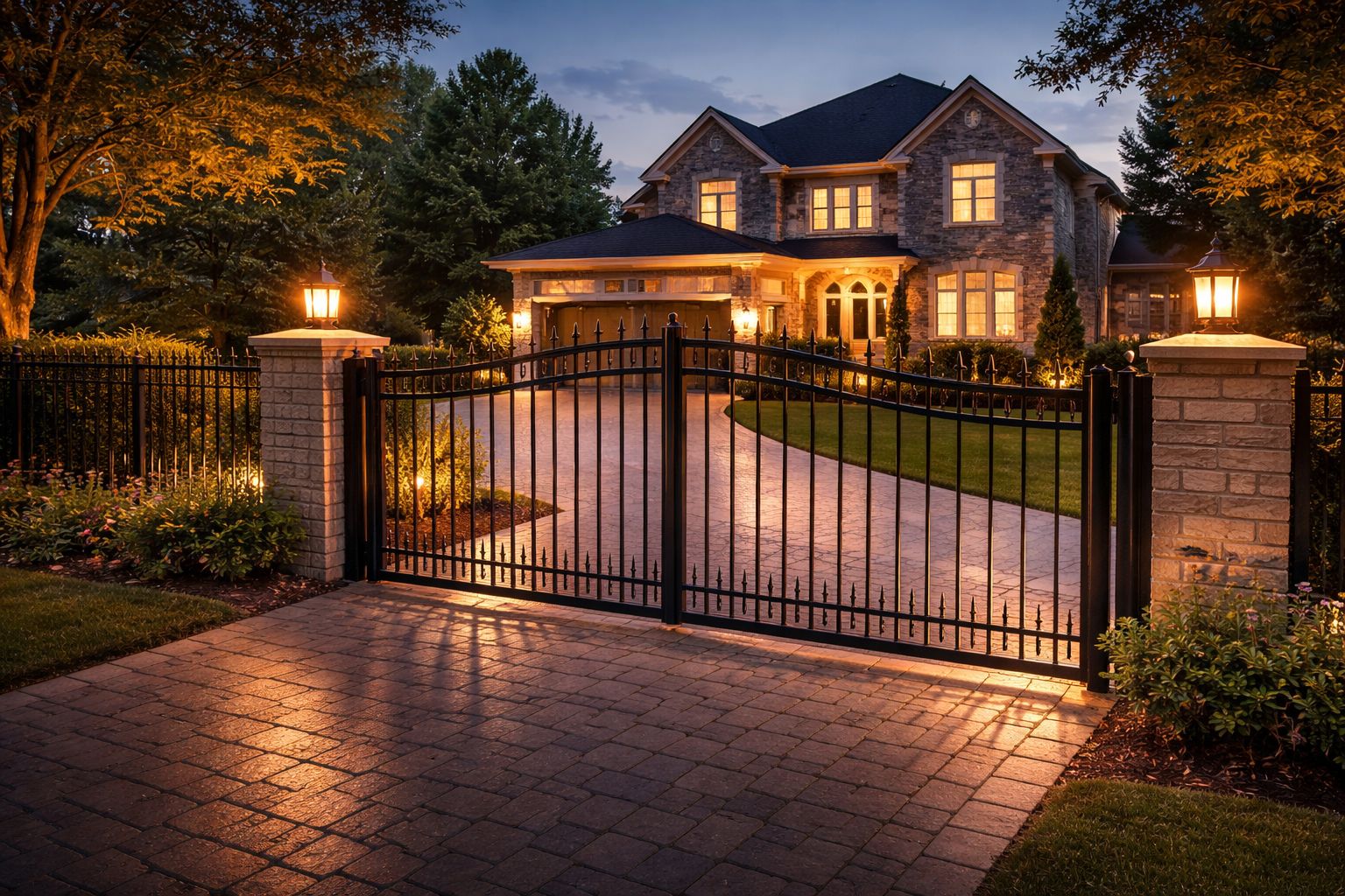 Residential home in Houston with secure wrought iron fence and automated gate providing enhanced home security