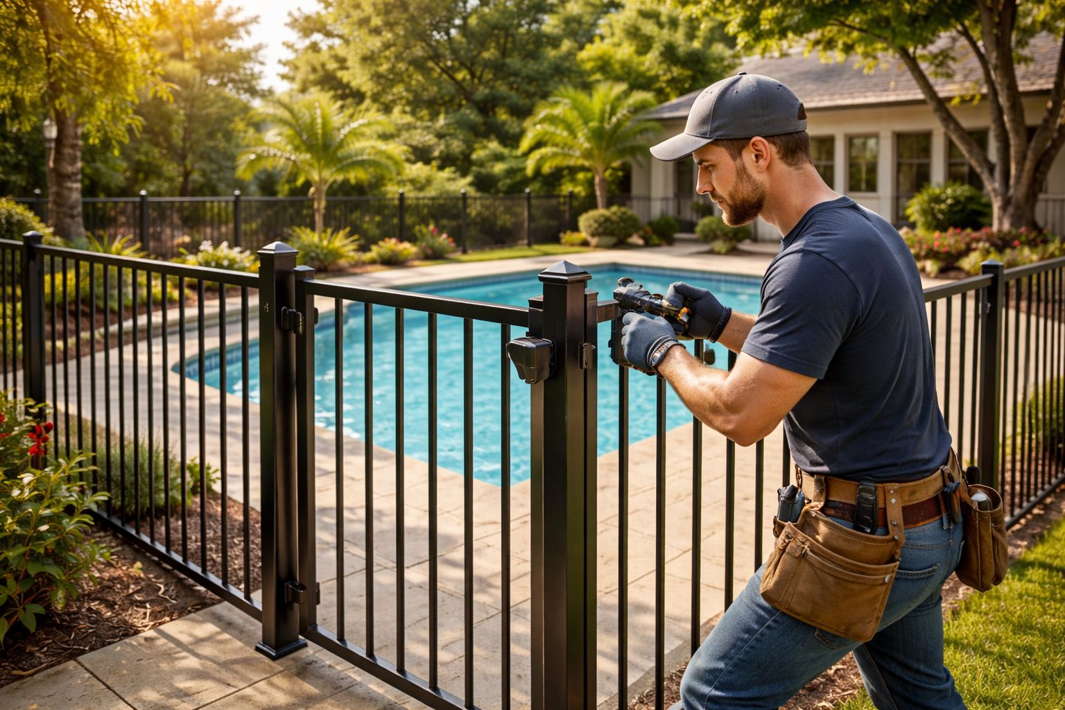 Contractor installing a secure wrought iron pool fence in a Houston backyard for safety and code compliance